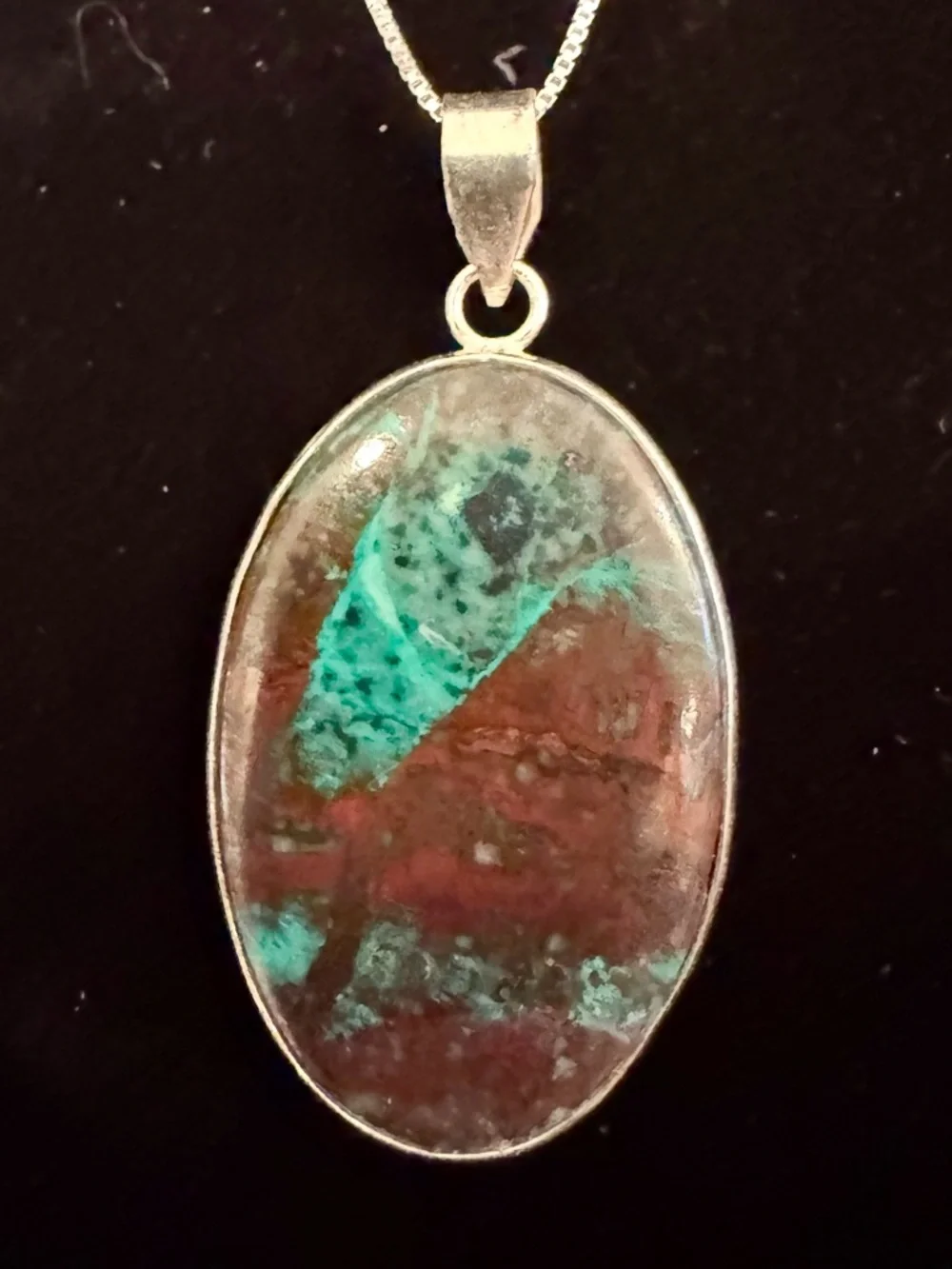 Turquoise and Red chrysocolla quartz Oval Pendant Necklace sterling silver‎